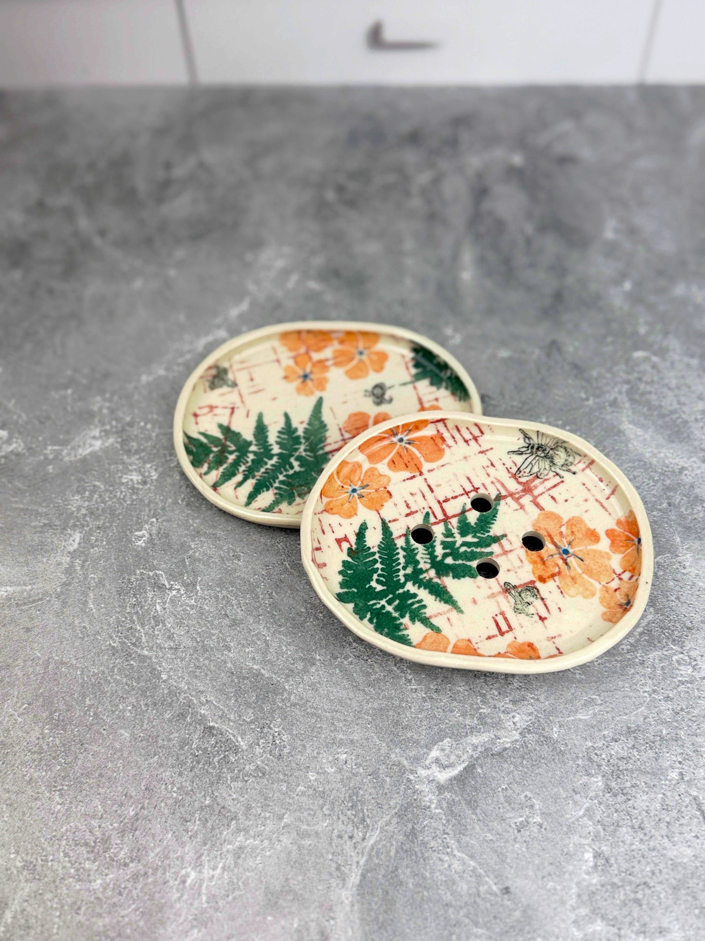 Ceramic Handbuilt Soap Dish Printed with Orange and Green Nature-Inspired Design