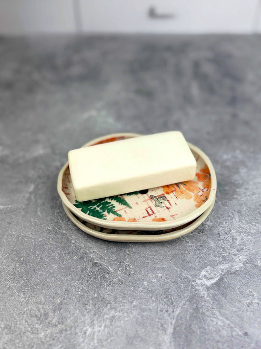 Ceramic Handbuilt Soap Dish Printed with Orange and Green Nature-Inspired Design