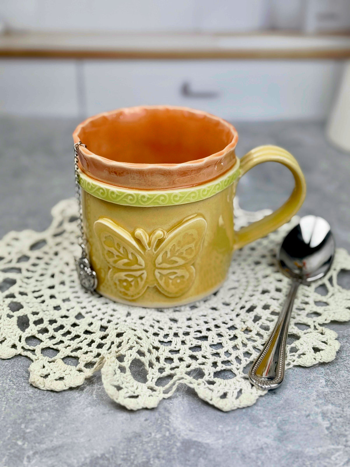 Brightly Glazed Orange Green and Yellow Mugs with various animal designs
