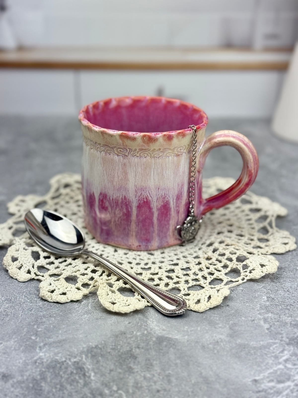 Pink Bougainvillea Stoneware Mug with White Drippy Design
