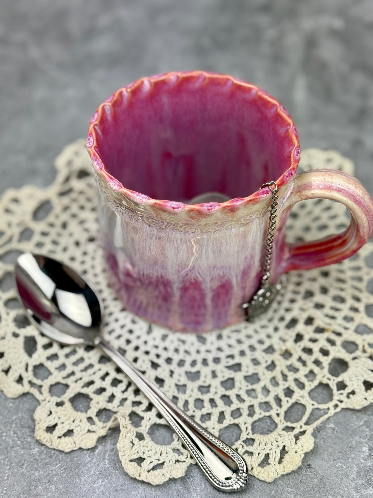 Pink Bougainvillea Stoneware Mug with White Drippy Design