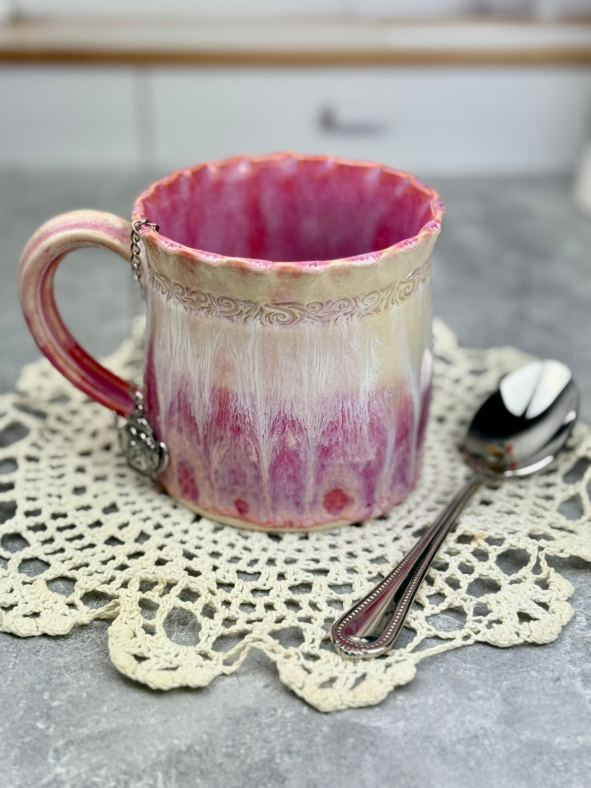 Pink Bougainvillea Stoneware Mug with White Drippy Design