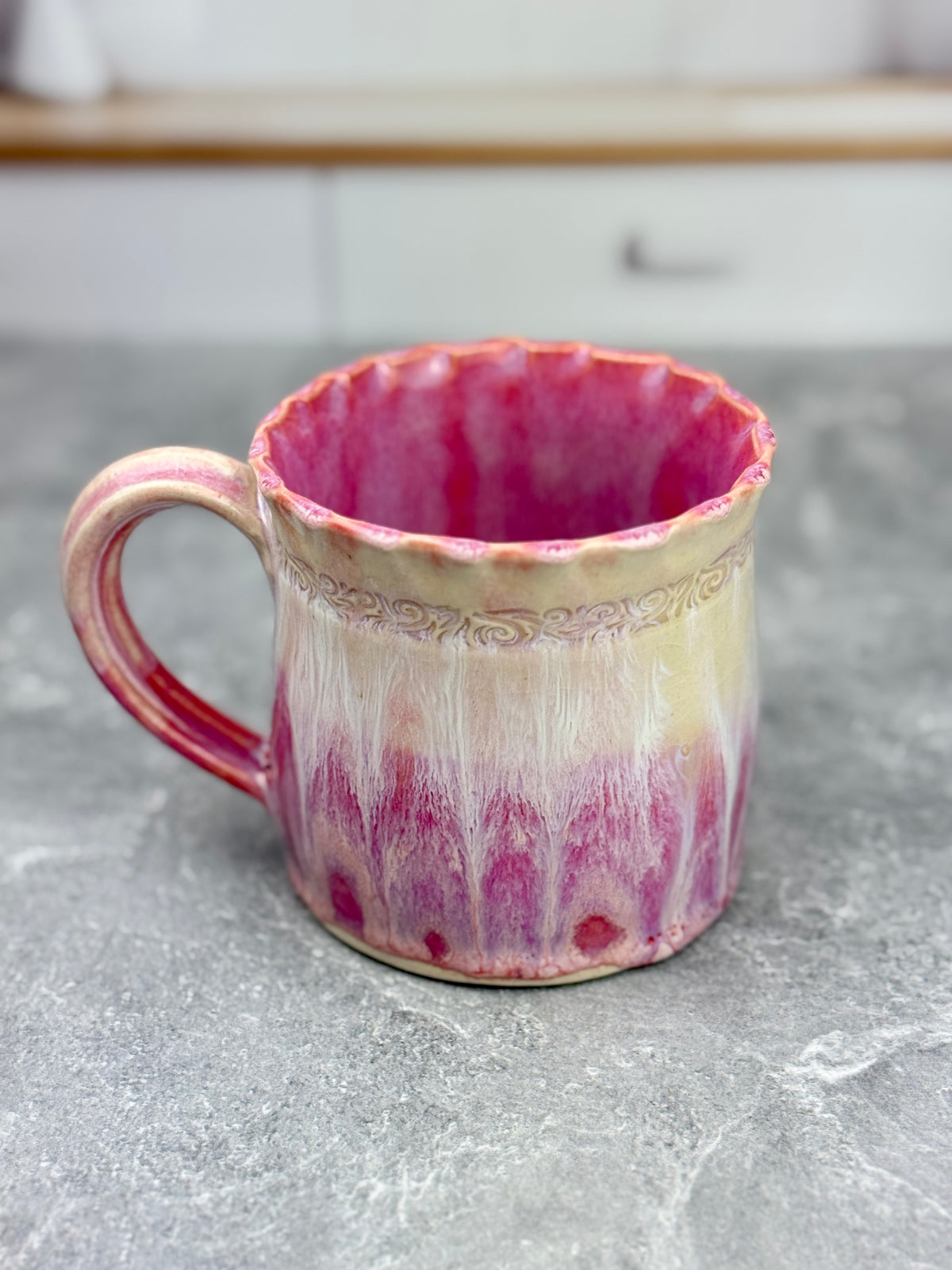 Pink Bougainvillea Stoneware Mug with White Drippy Design