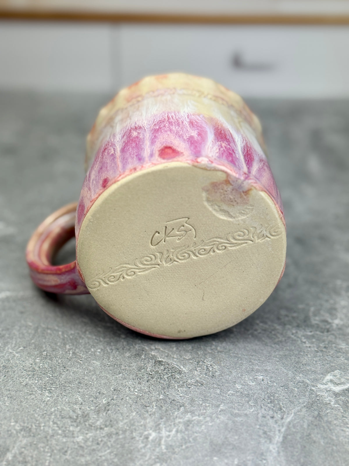 Pink Bougainvillea Stoneware Mug with White Drippy Design