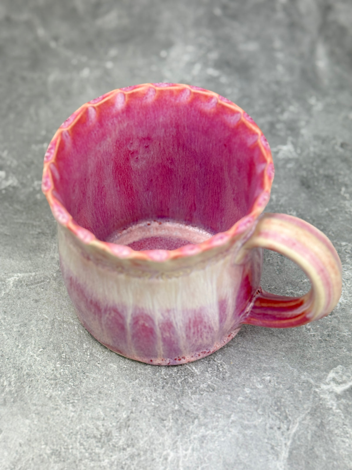 Pink Bougainvillea Stoneware Mug with White Drippy Design