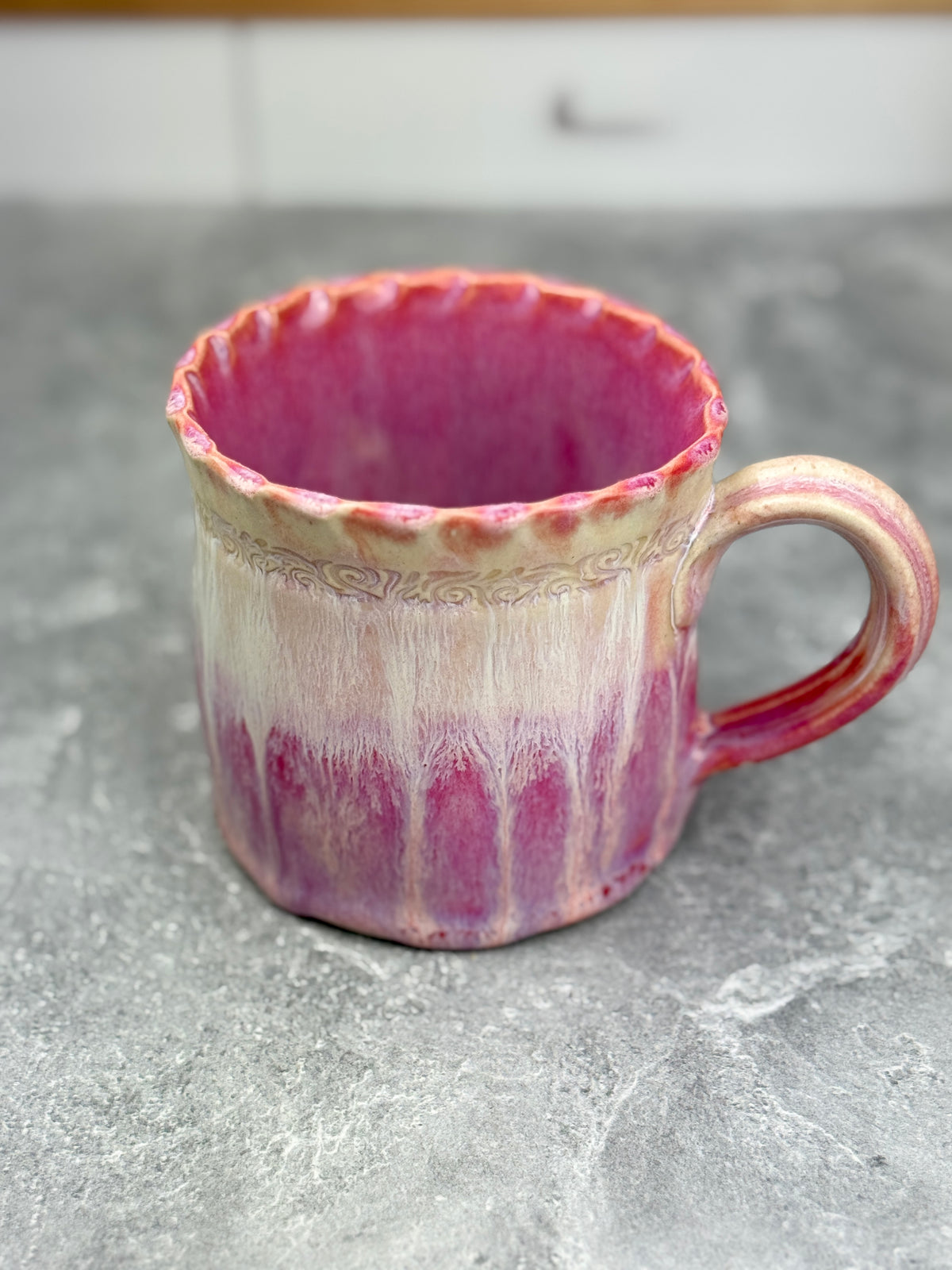 Pink Bougainvillea Stoneware Mug with White Drippy Design