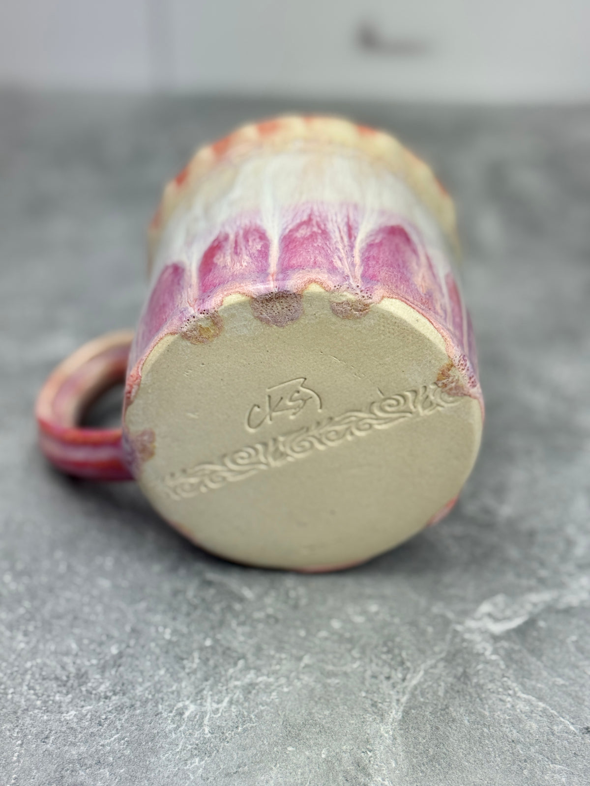 Pink Bougainvillea Stoneware Mug with White Drippy Design