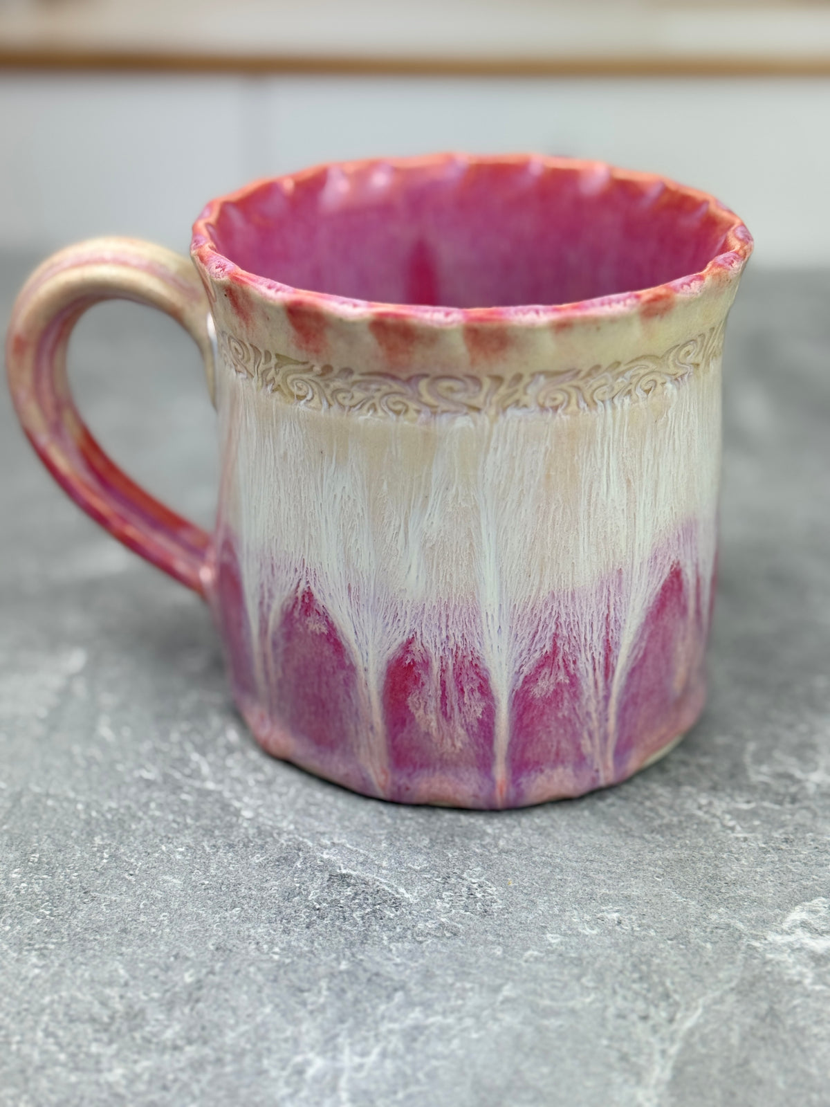 Pink Bougainvillea Stoneware Mug with White Drippy Design