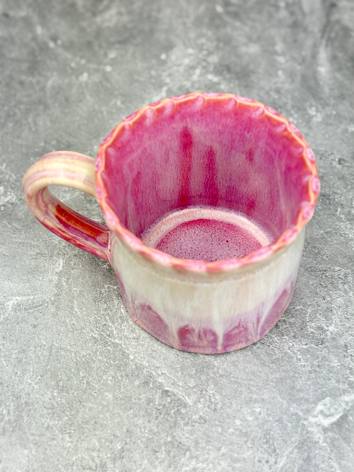 Pink Bougainvillea Stoneware Mug with White Drippy Design