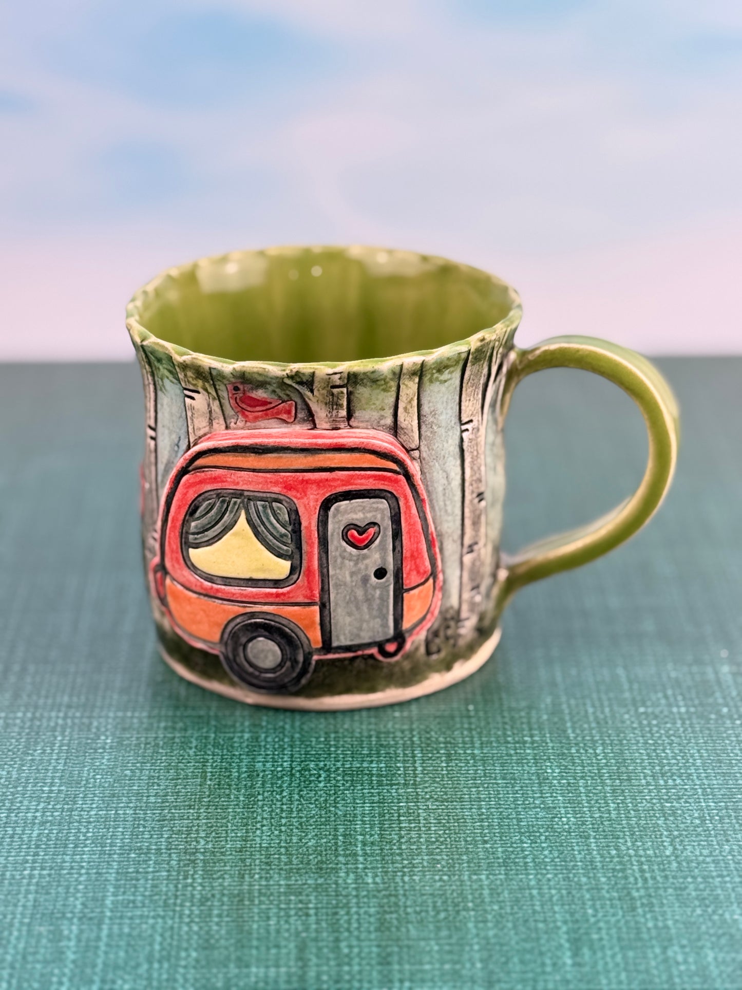 Birch Tree Background Mug With Cardinals and Camper Design