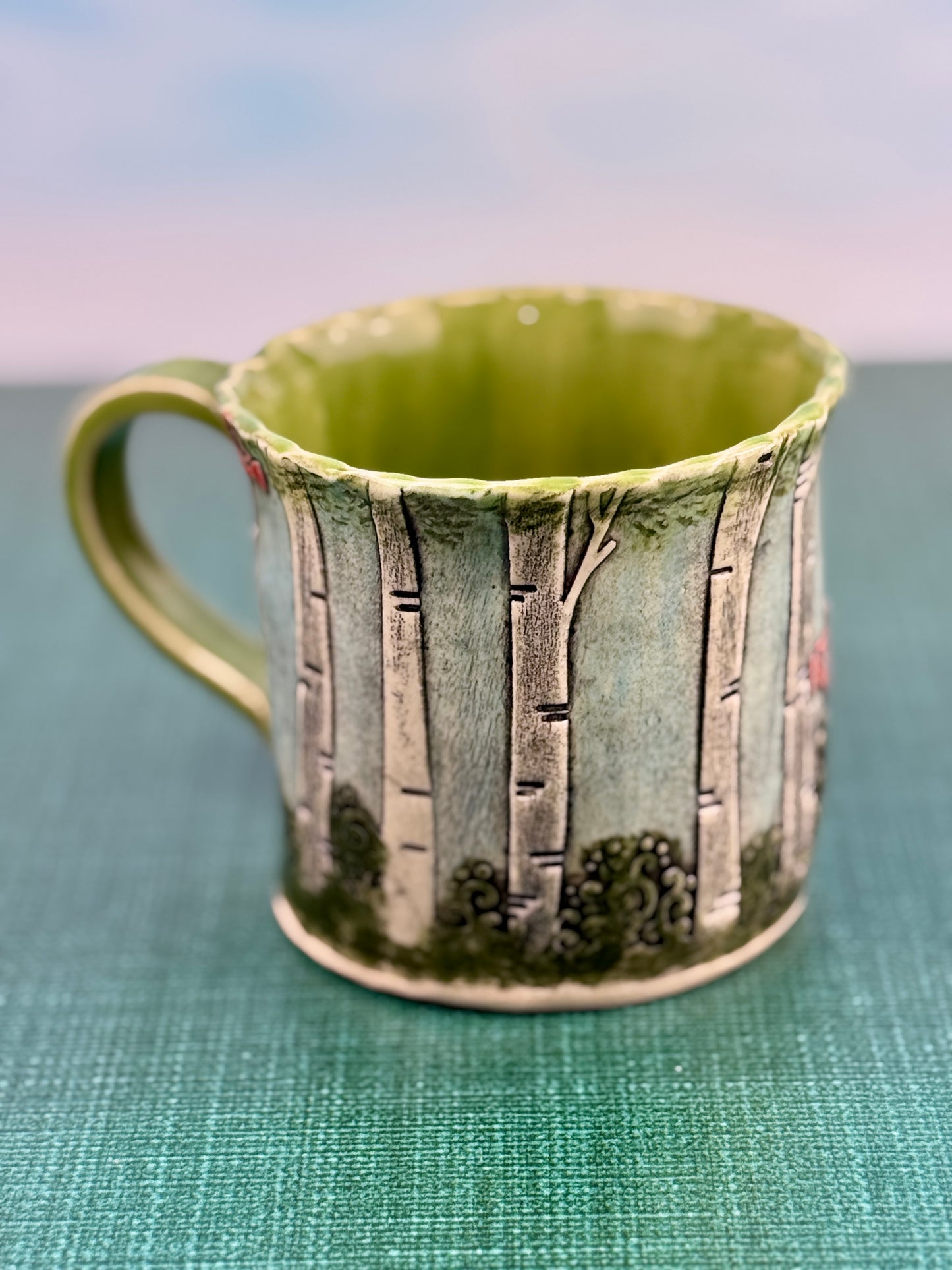 Birch Tree Background Mug With Cardinals and Camper Design