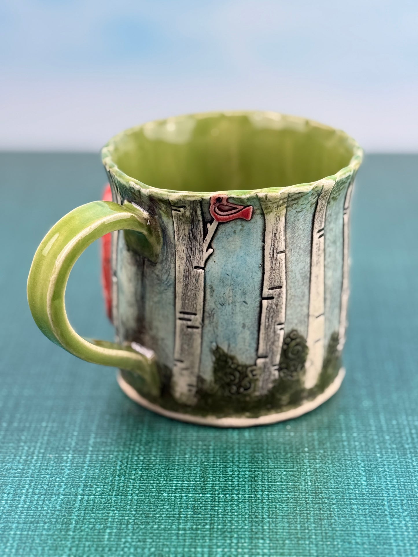 Birch Tree Background Mug With Cardinals and Camper Design