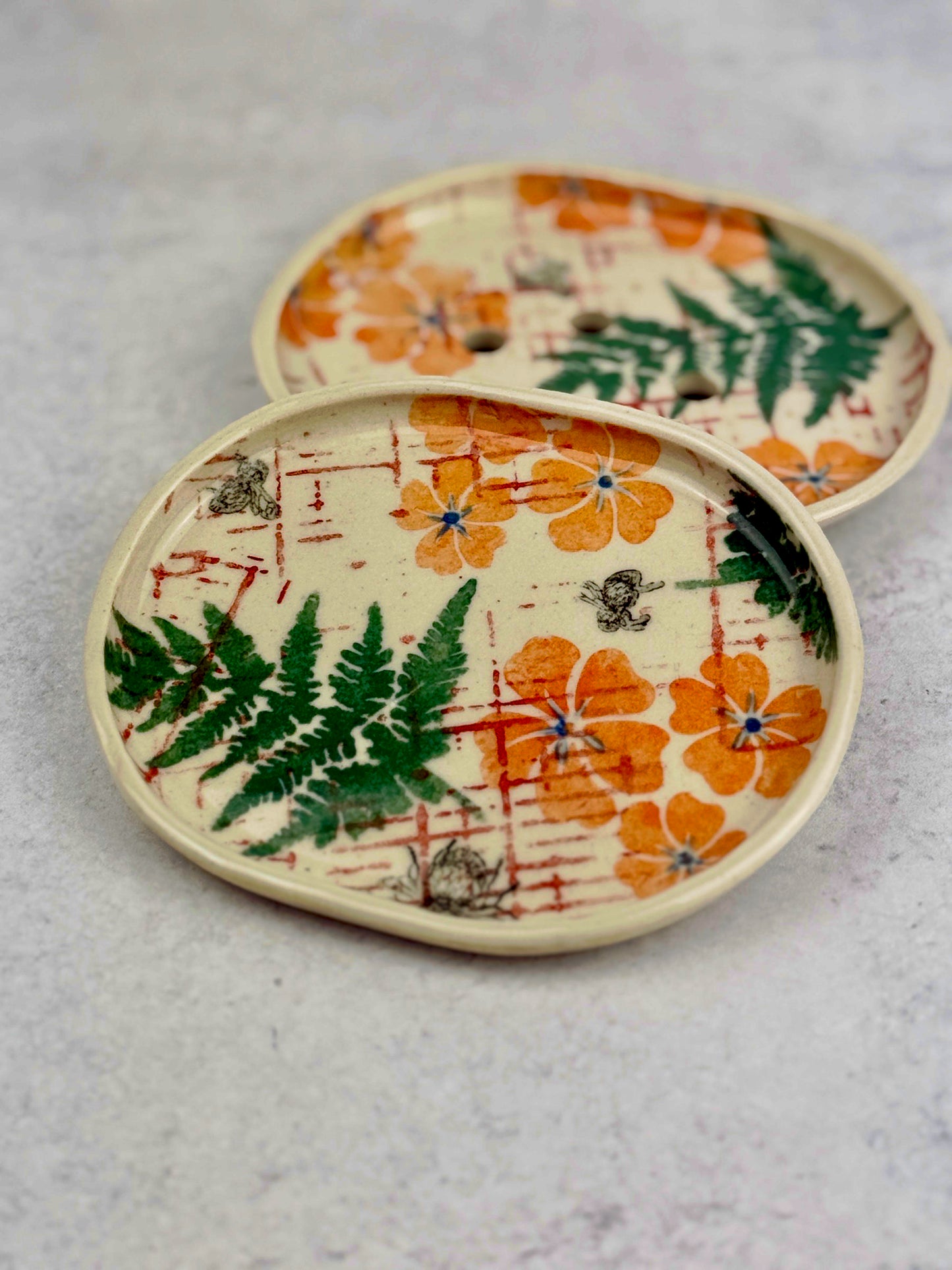 Ceramic Handbuilt Soap Dish Printed with Orange and Green Nature-Inspired Design