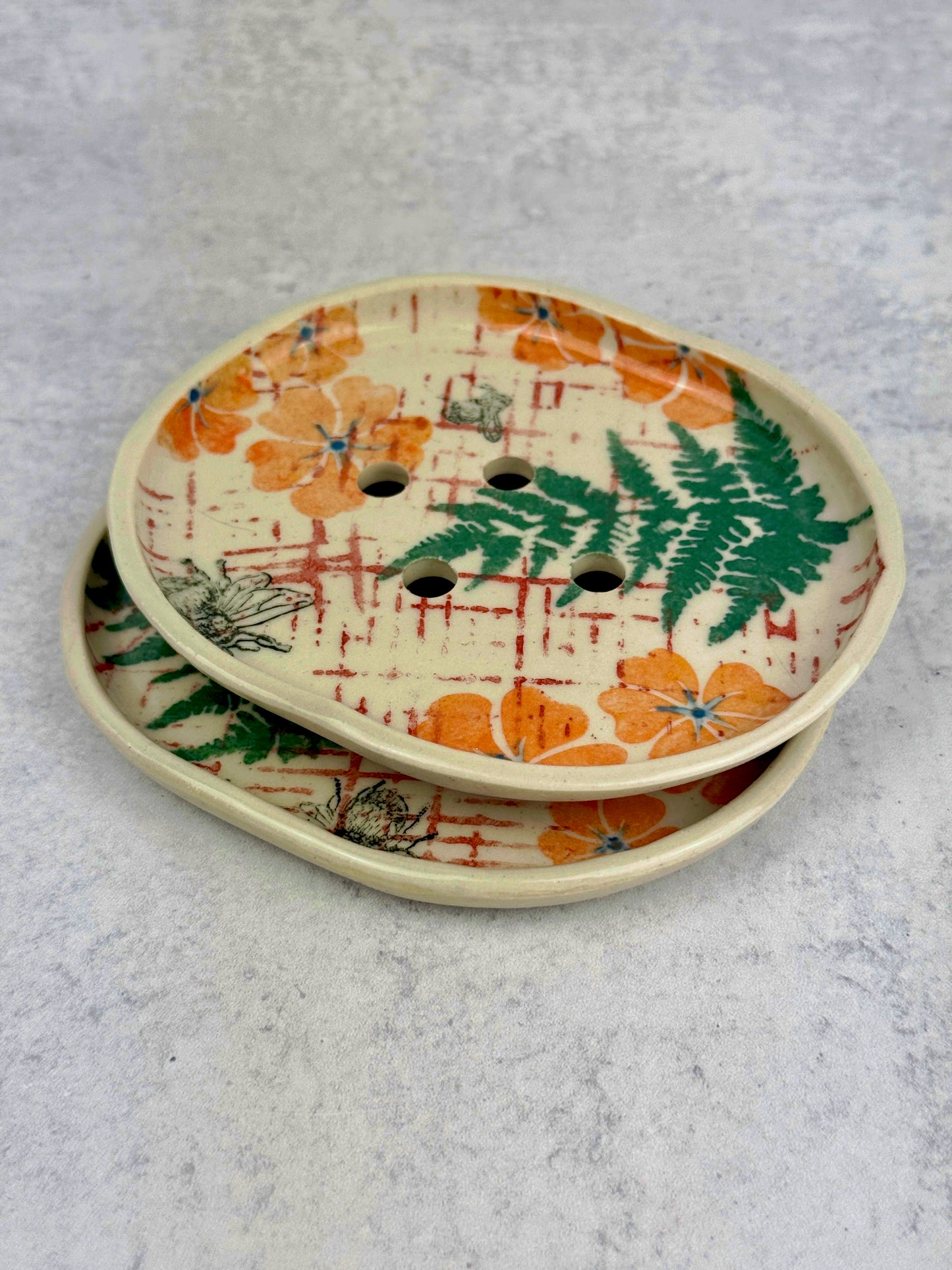 Ceramic Handbuilt Soap Dish Printed with Orange and Green Nature-Inspired Design