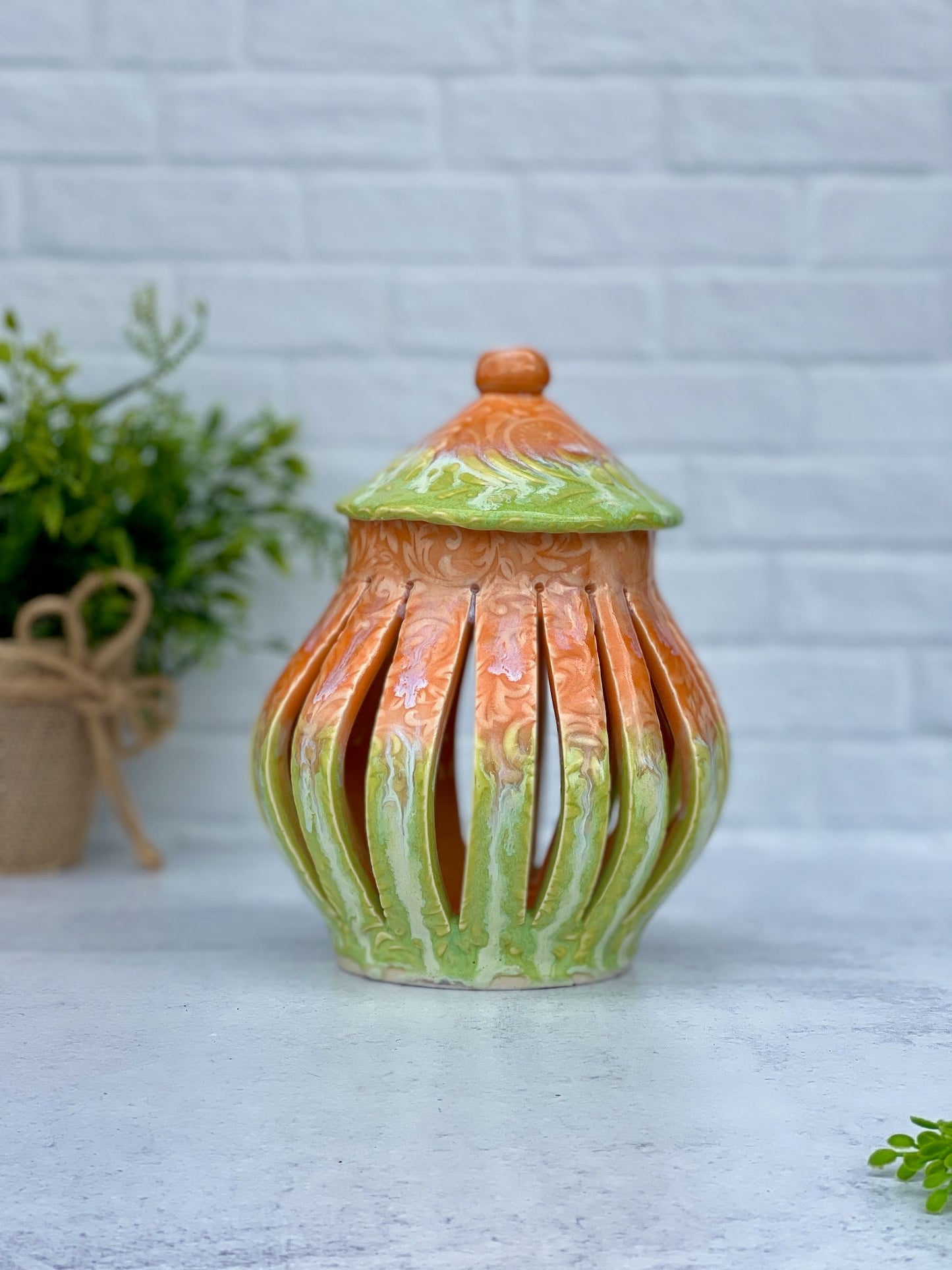 Large Porcelain Melon and Green Opal Lantern