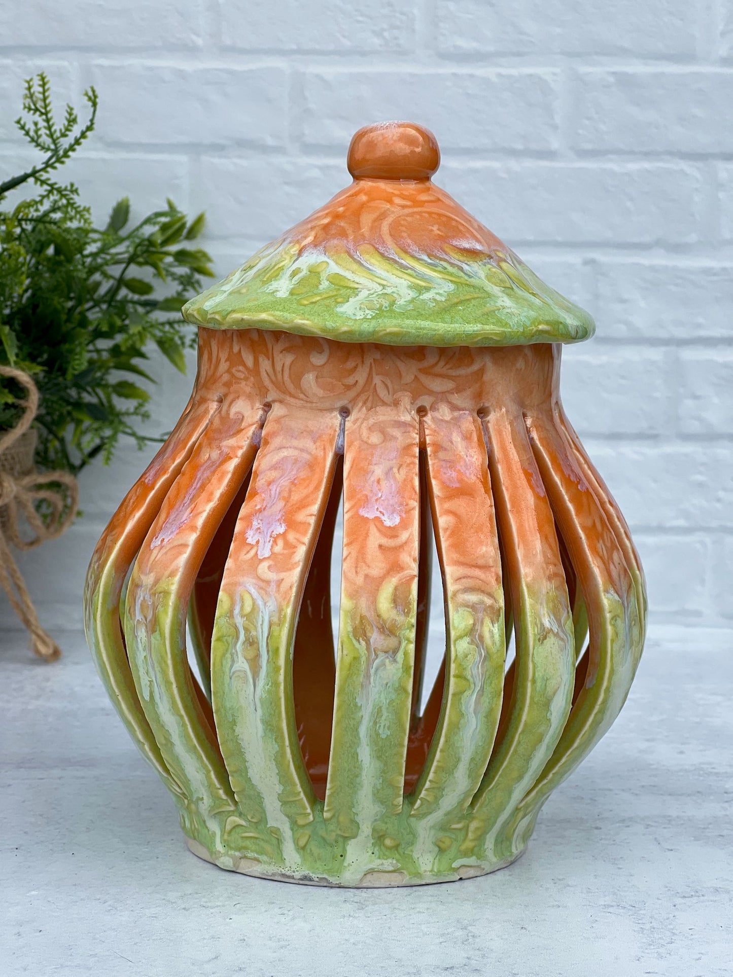 Large Porcelain Melon and Green Opal Lantern