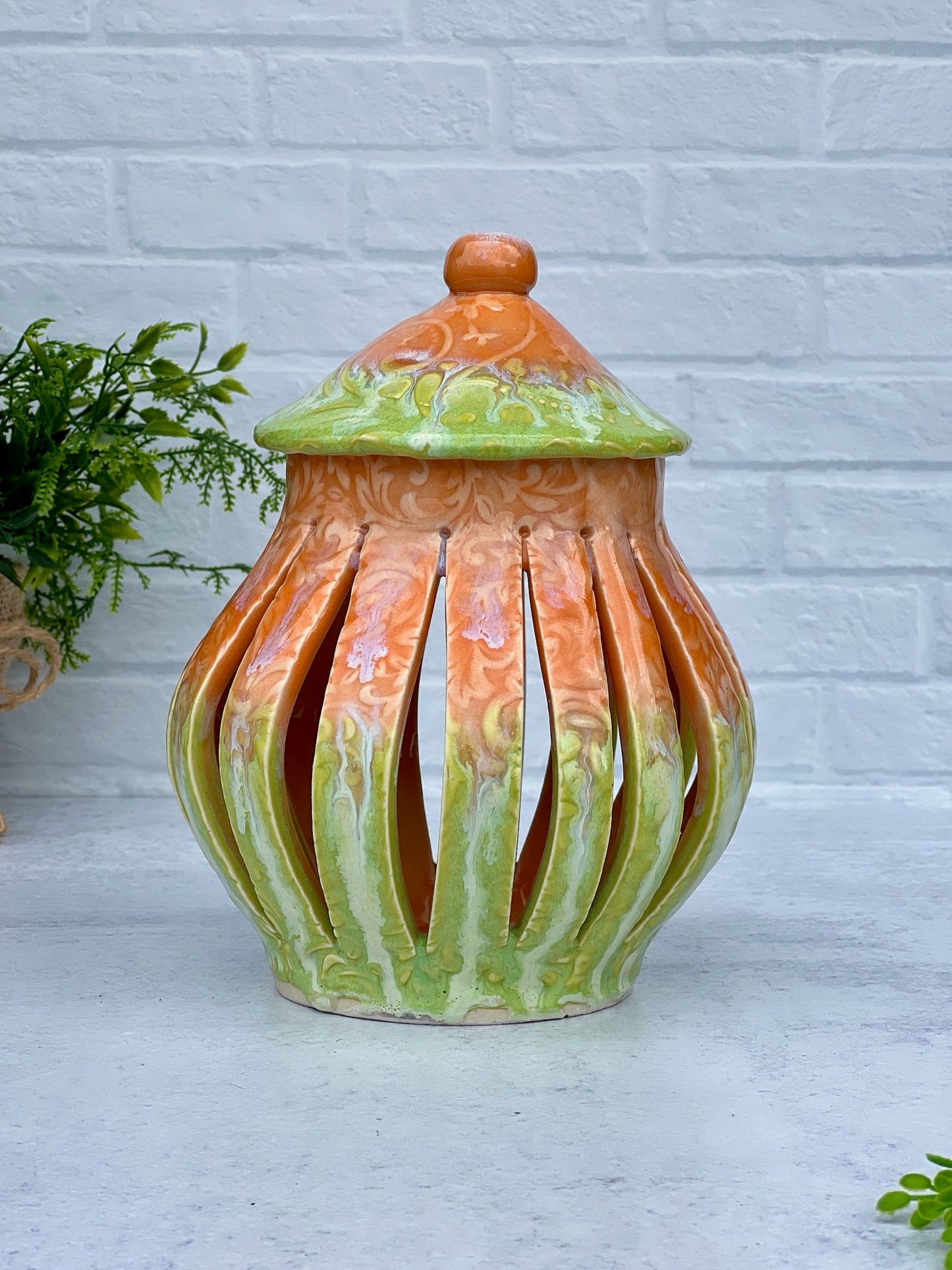 Large Porcelain Melon and Green Opal Lantern