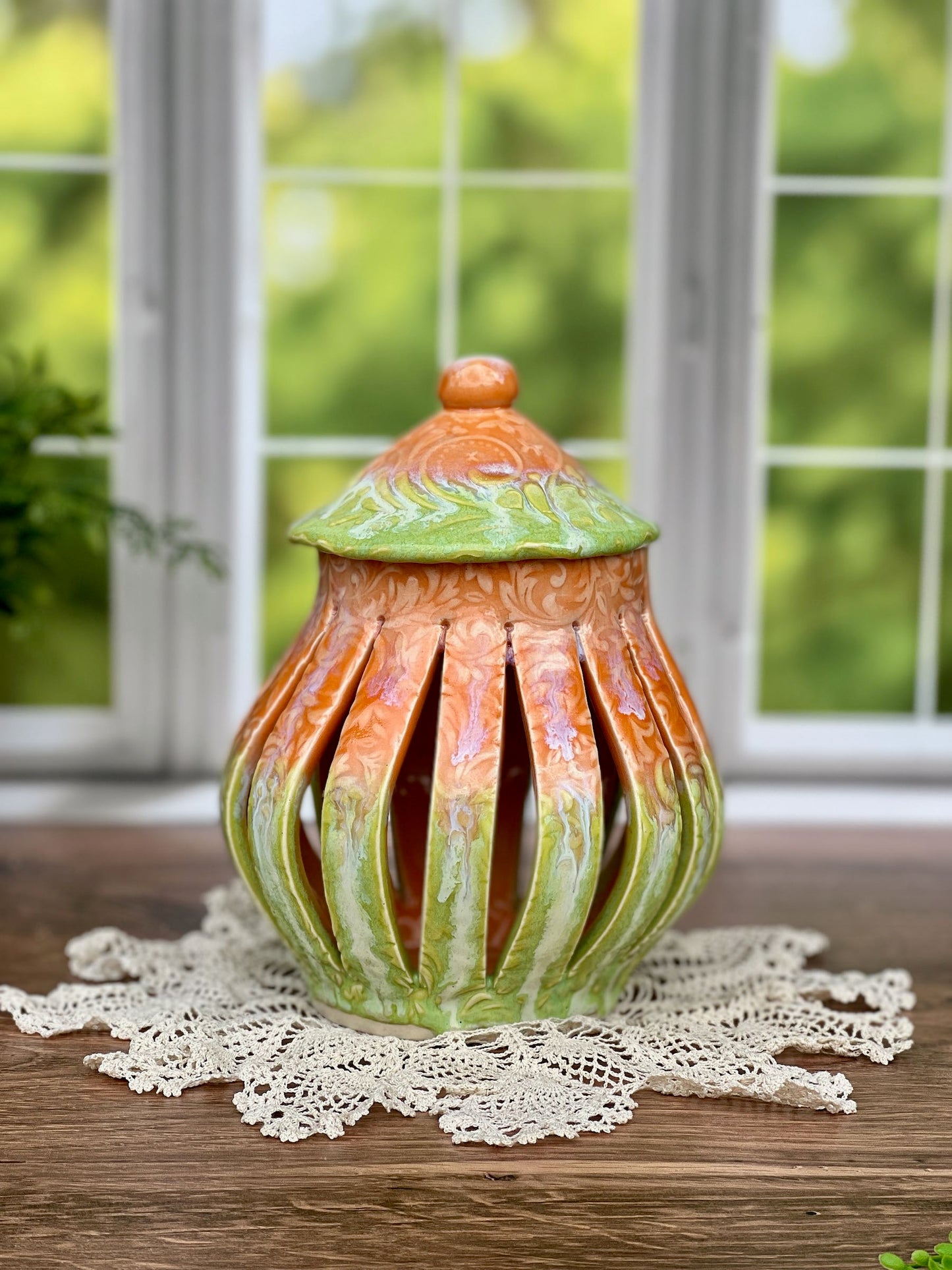 Large Porcelain Melon and Green Opal Lantern