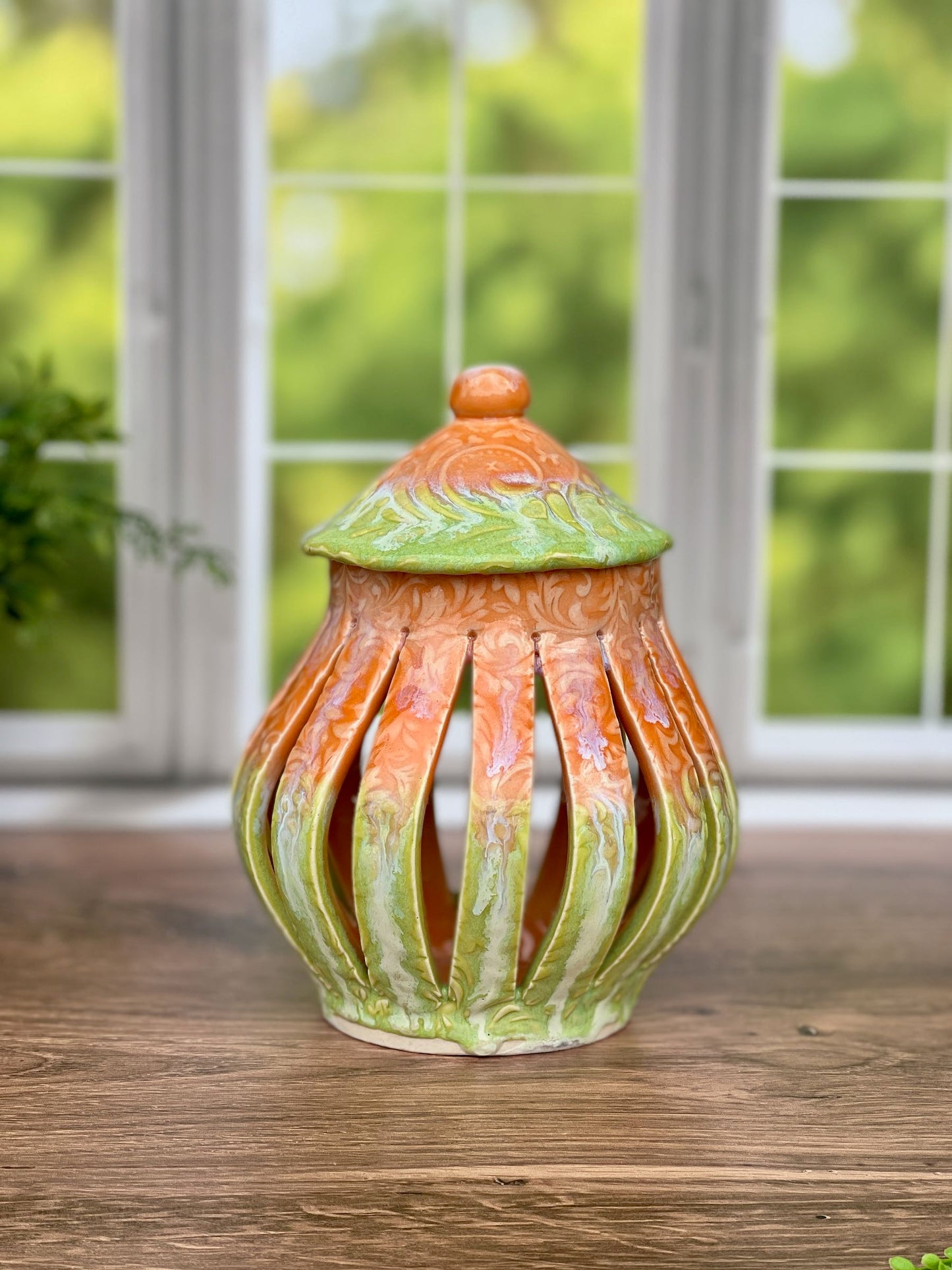 Large Porcelain Melon and Green Opal Lantern