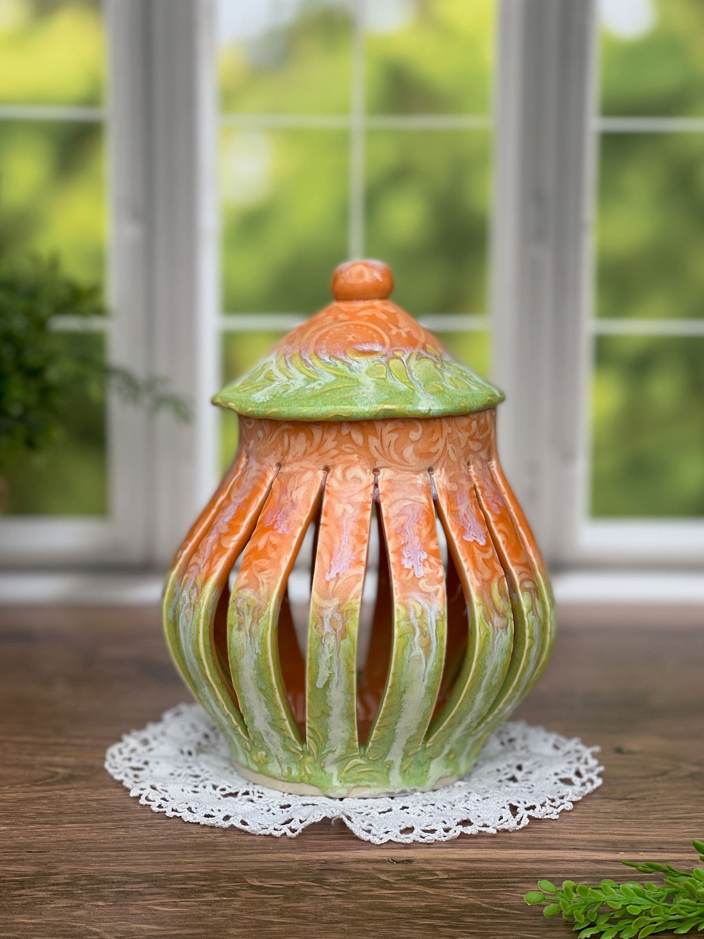 Large Porcelain Melon and Green Opal Lantern