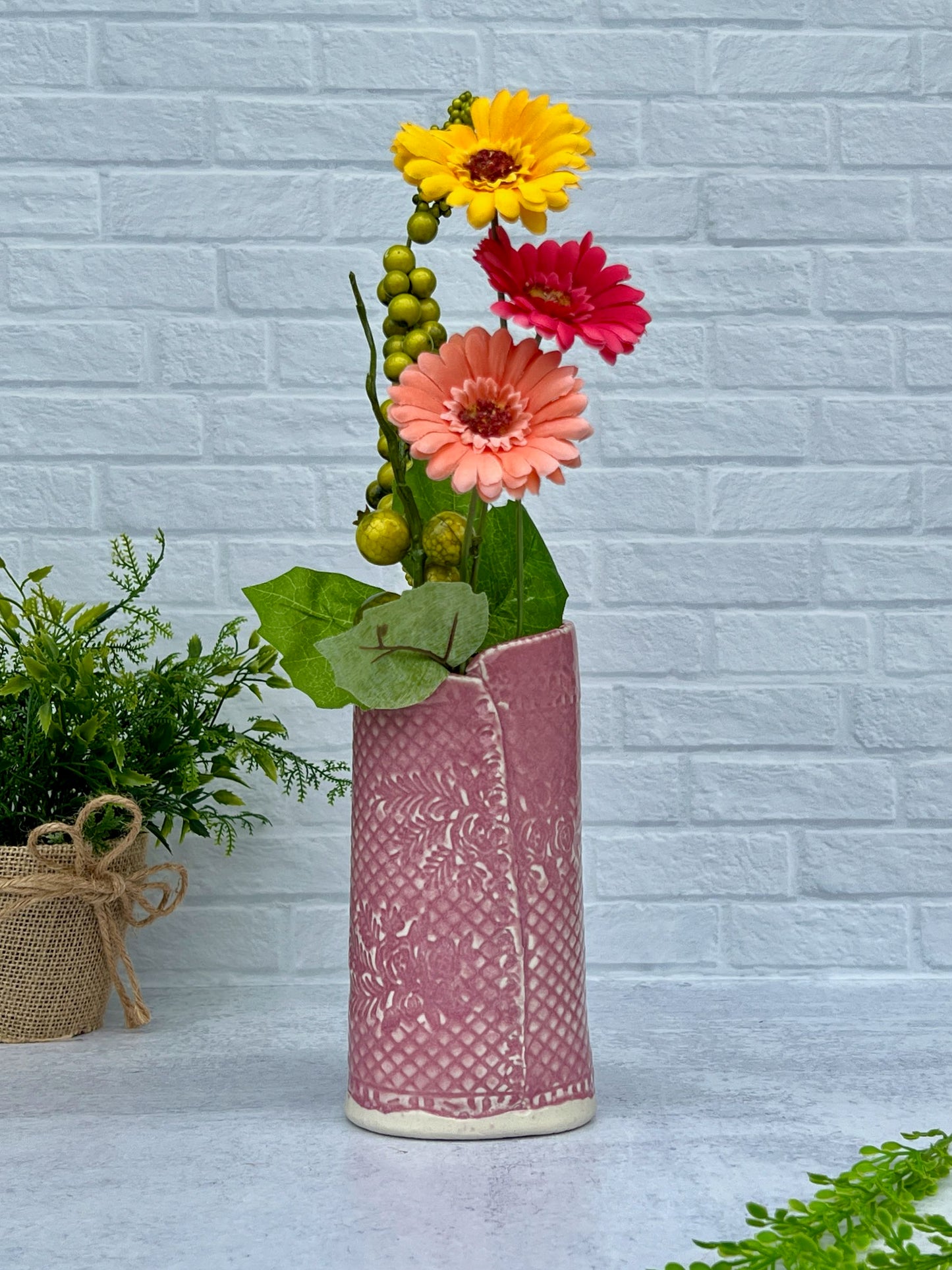 Slab Built Pink and Green Textured Flower Vase