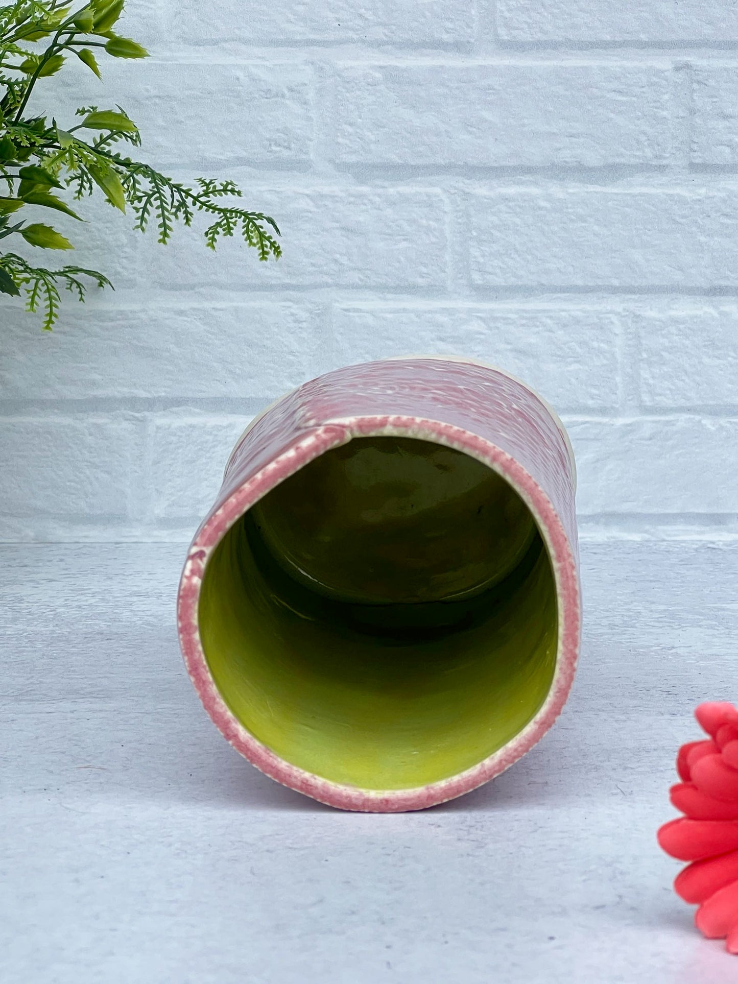 Slab Built Pink and Green Textured Flower Vase