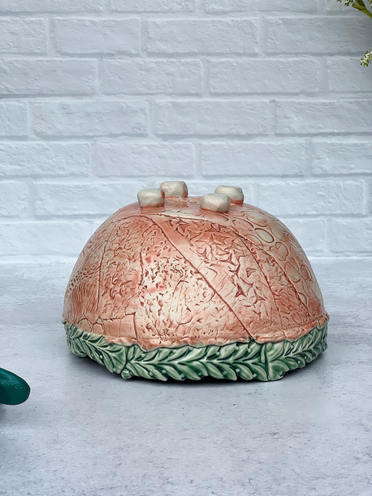 Hand-built Pieced Melon and Jade Green Glazed Planter