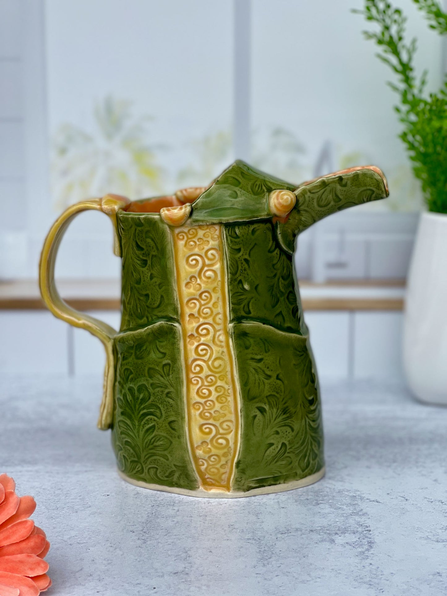 Slab Built Porcelain Jade and Marigold Glazed Pitcher