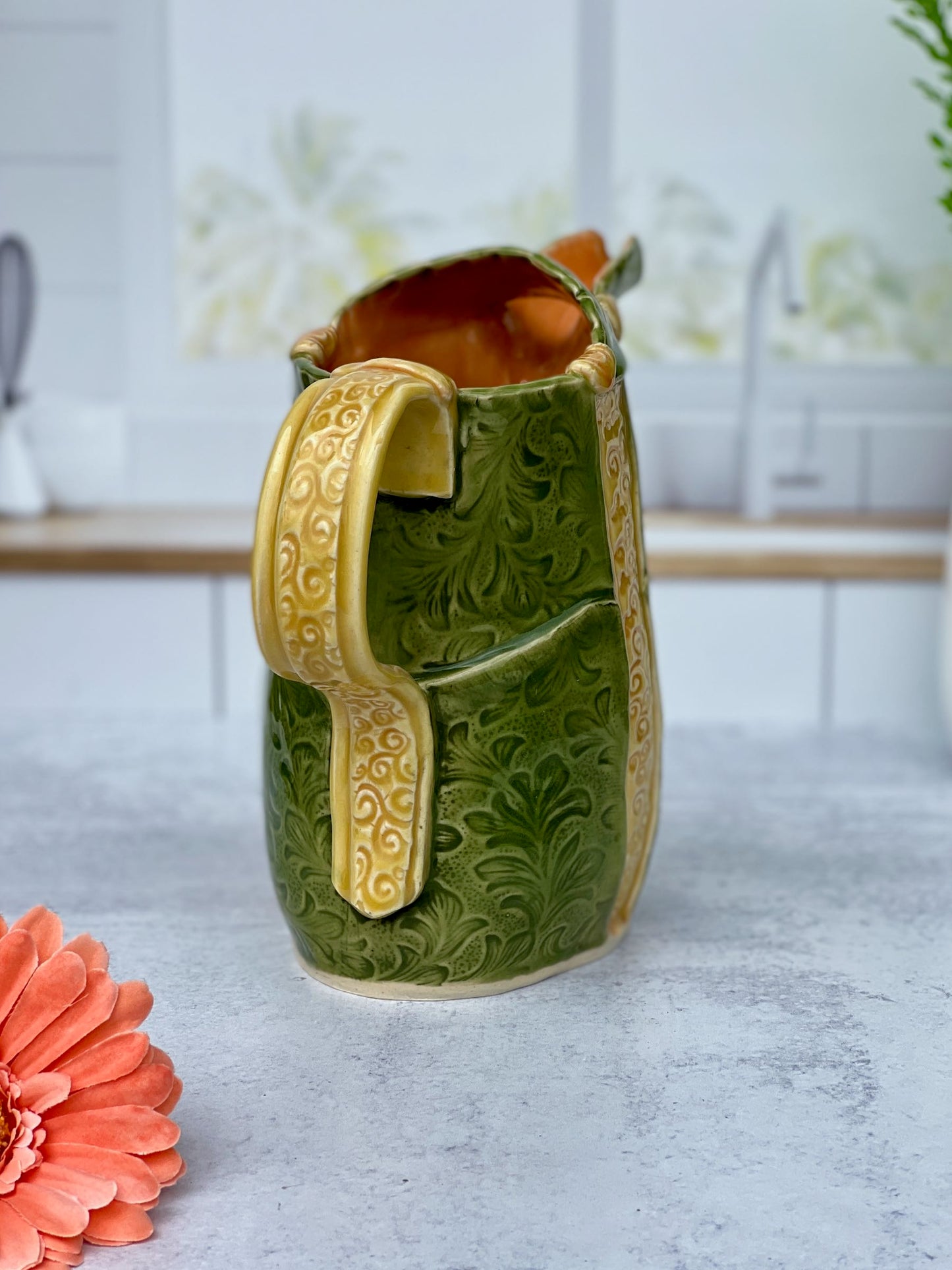 Slab Built Porcelain Jade and Marigold Glazed Pitcher