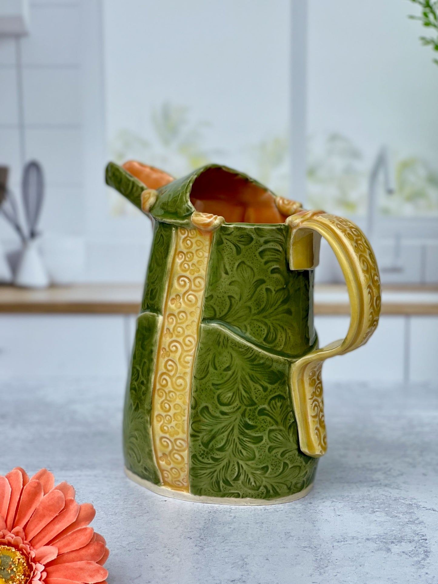 Slab Built Porcelain Jade and Marigold Glazed Pitcher