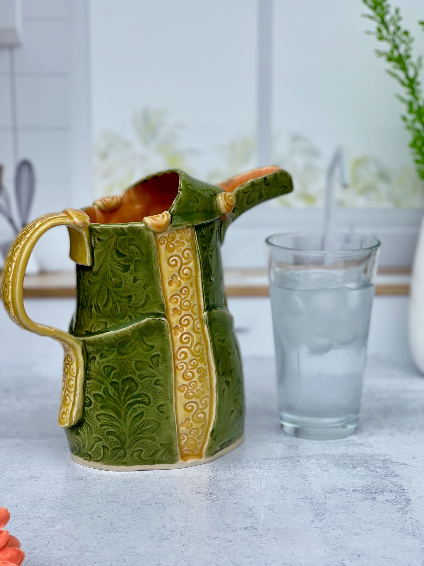 Slab Built Porcelain Jade and Marigold Glazed Pitcher