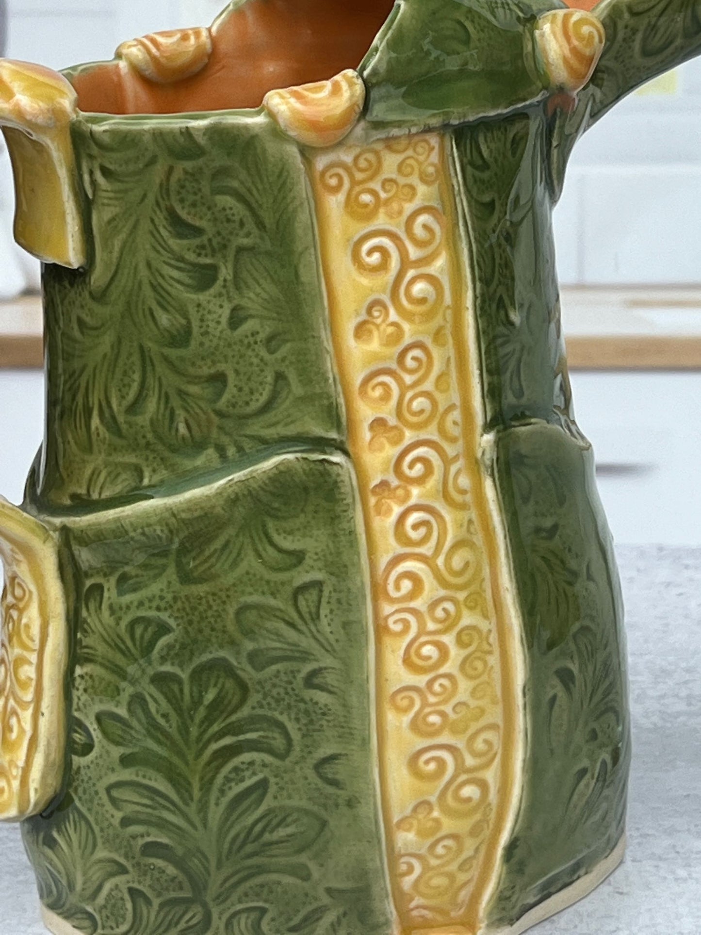Slab Built Porcelain Jade and Marigold Glazed Pitcher