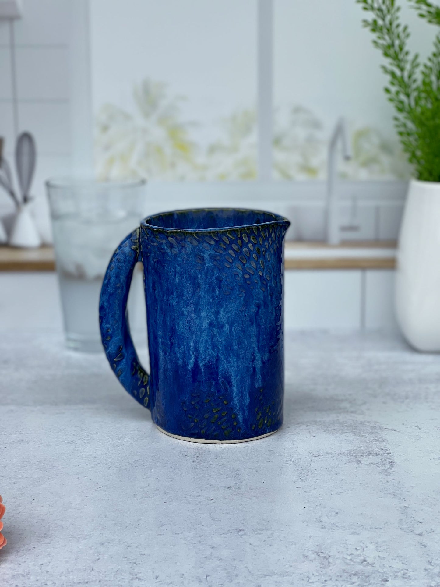 Slab-built Blue Textured Pitcher or Vase