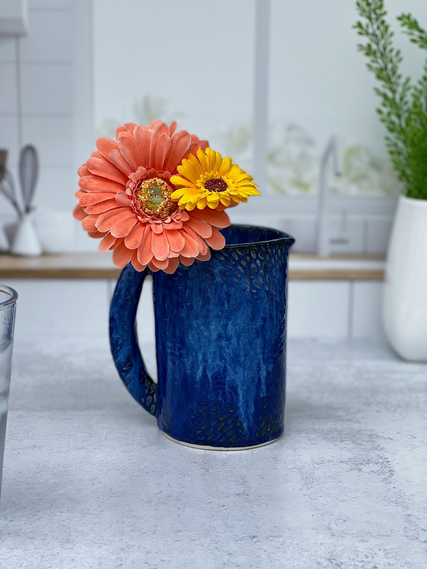 Slab-built Blue Textured Pitcher or Vase