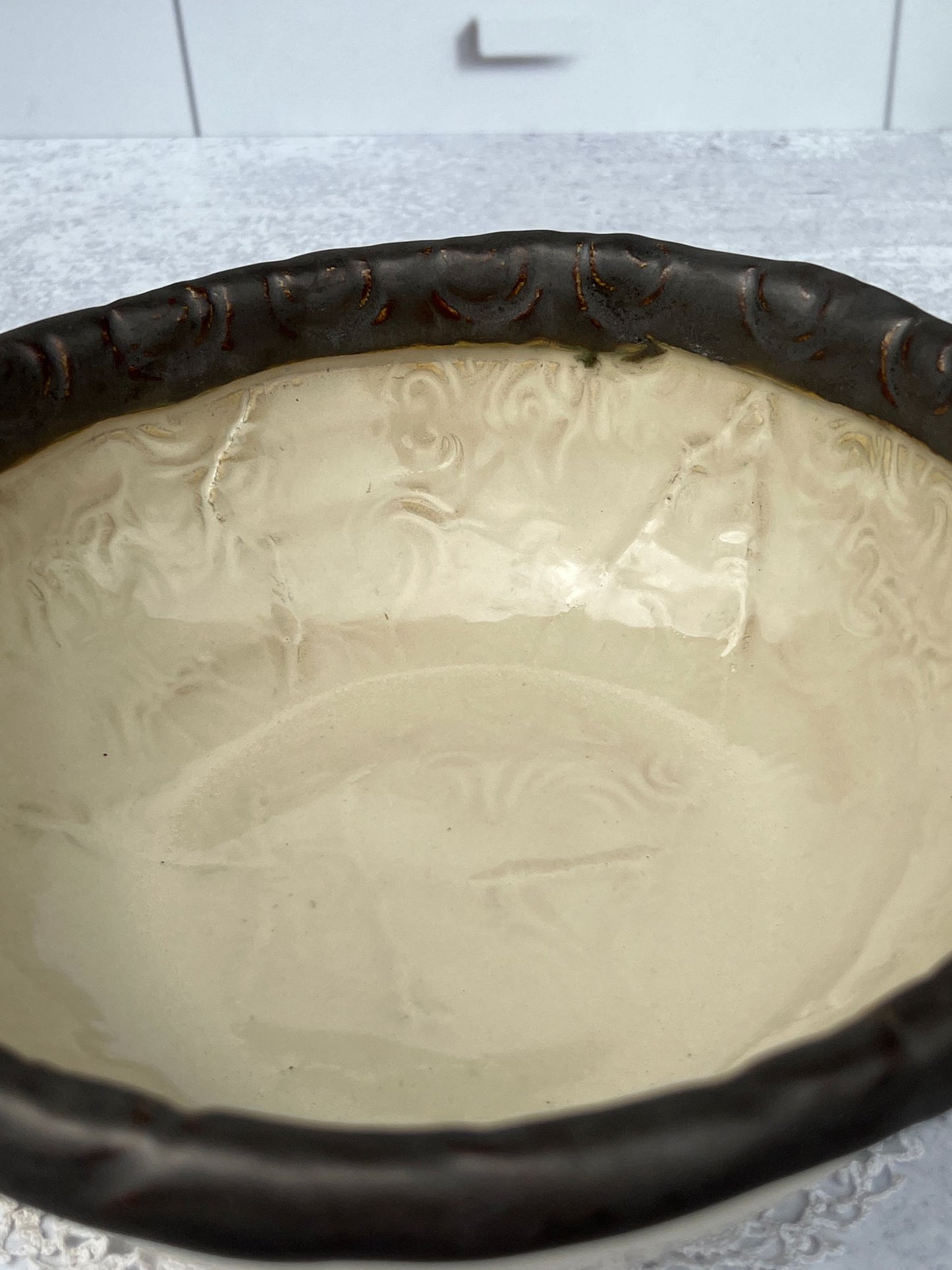 Hand Built Pieced Together Brown and Cream Colored Serving Bowl